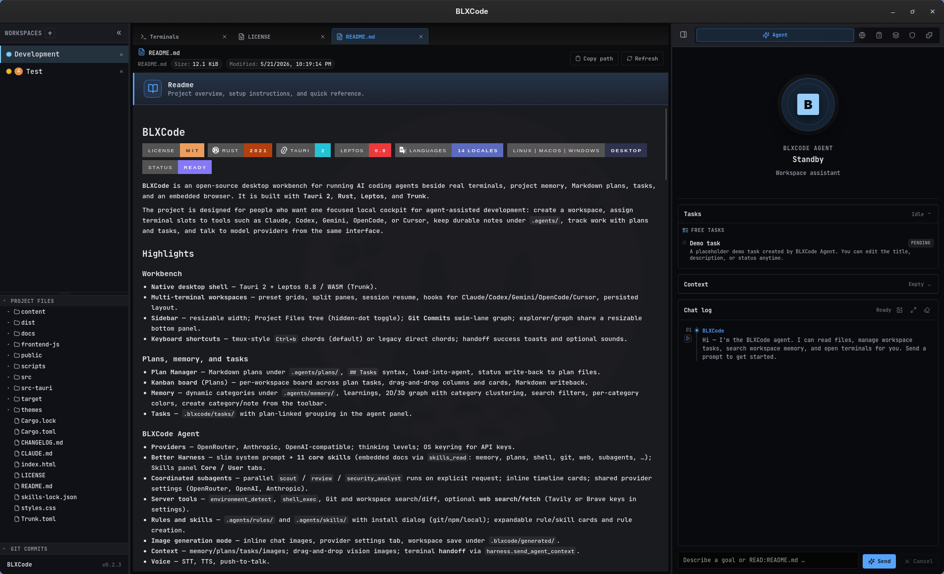 BLXCode podgląd pliku README.md z banerem głównym Readme nad wyrenderowaną treścią Markdown i otwartymi trzema środkowymi zakładkami
