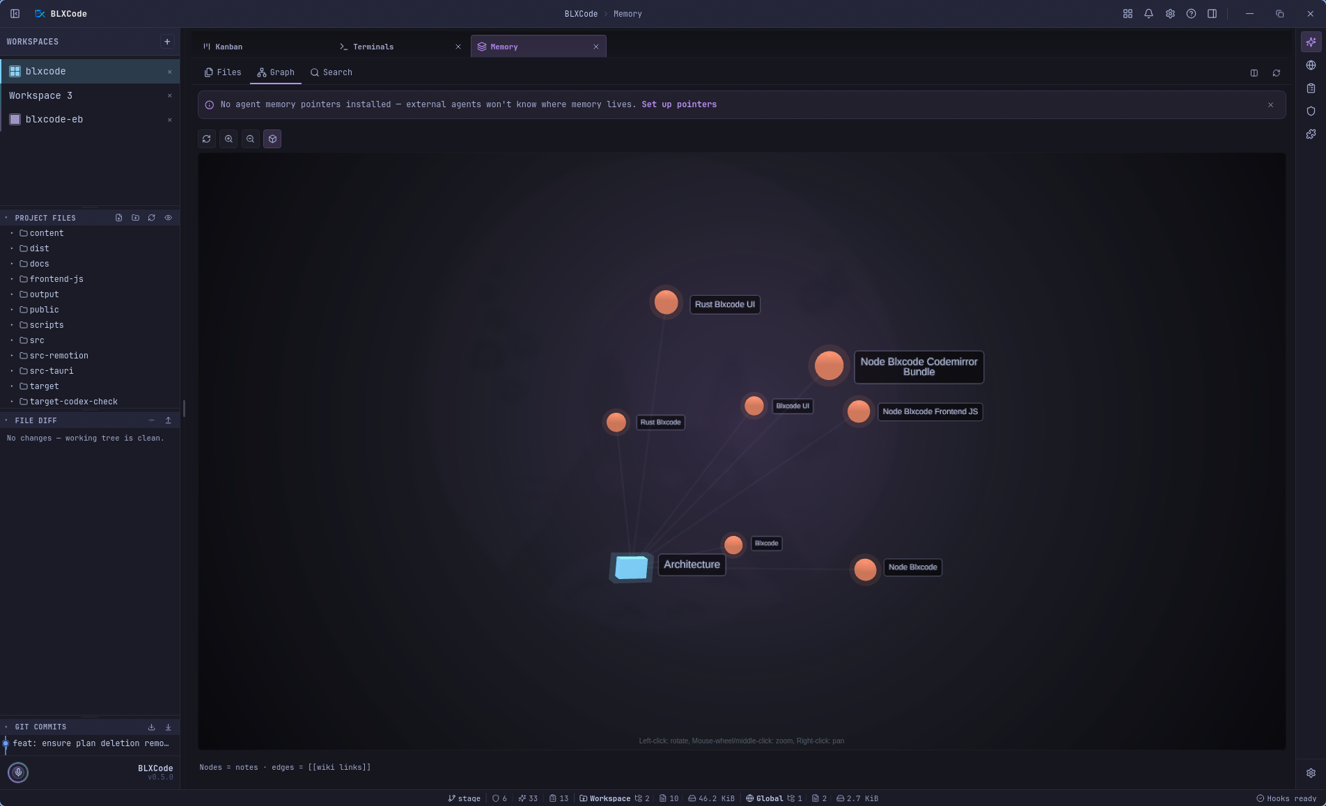 Memory Graph 3D view showing architecture and generated module nodes clustered in a dark canvas