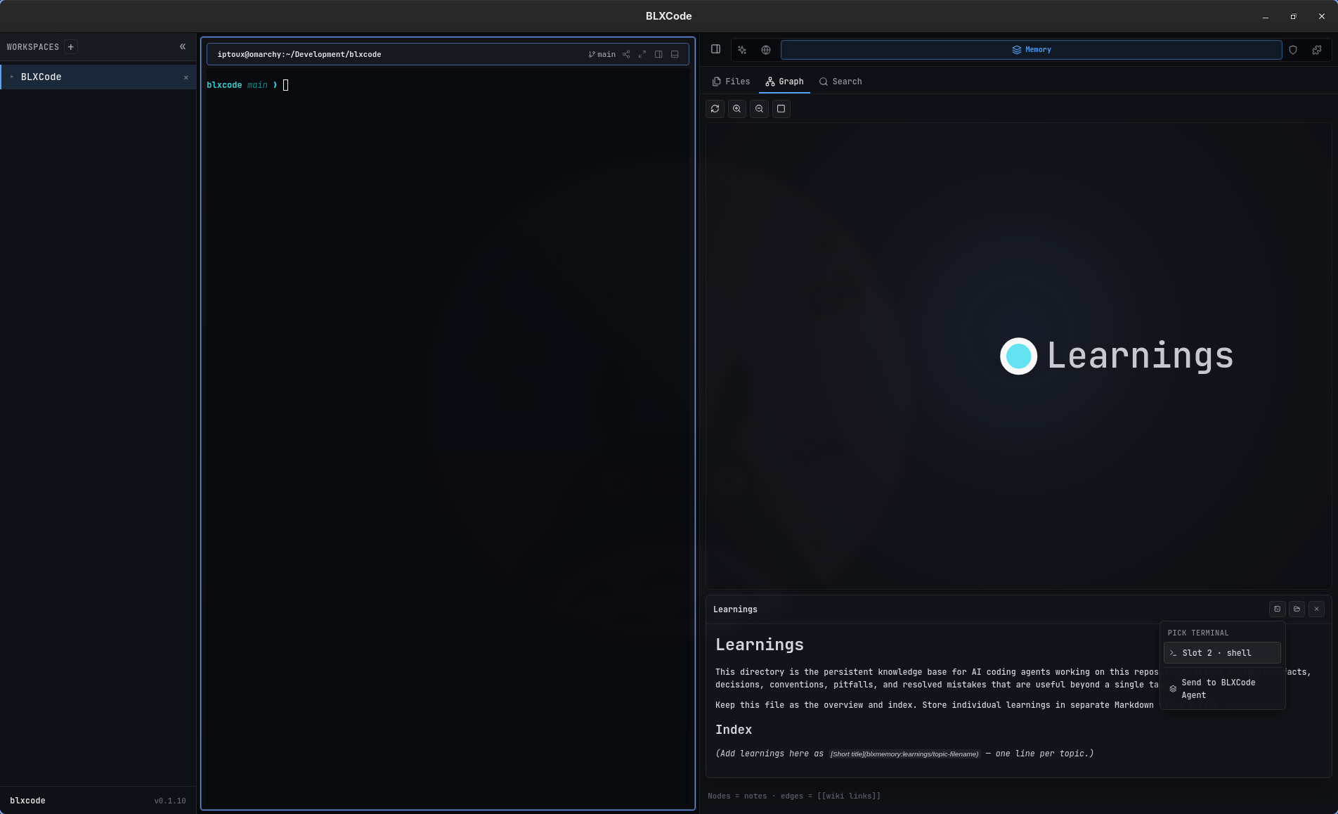 Graph note preview with handoff menu to terminal or BLXCode Agent