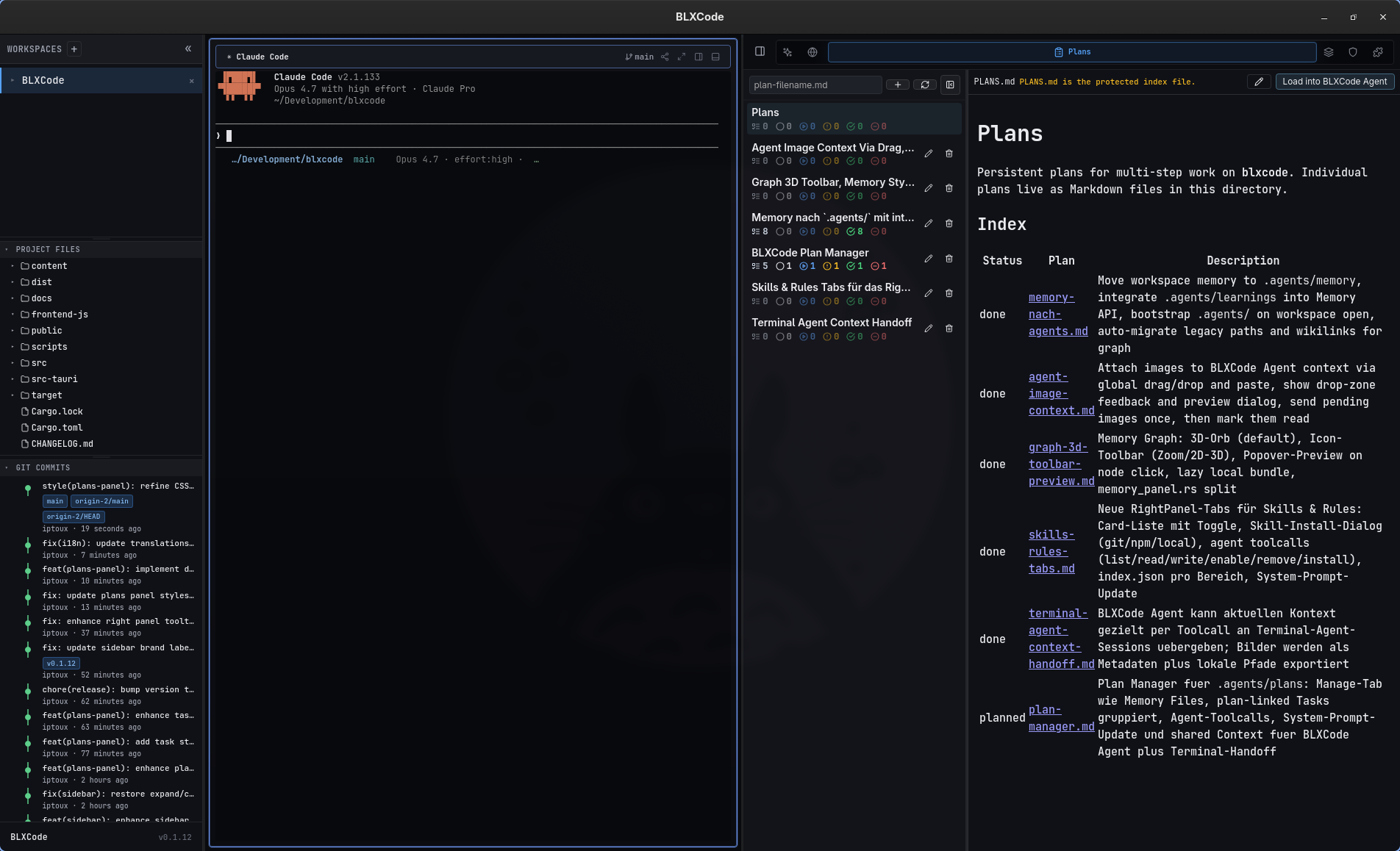 BLXCode Panel Plany z filtrami stanu, pogrupowanymi sekcjami planów i elementami podsumowania zadań