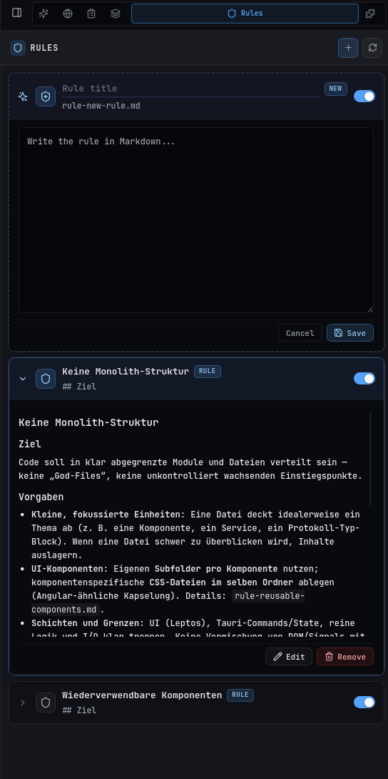 BLXCode Panel reguł z formularzem tworzenia reguł i rozwijanymi kartami reguł