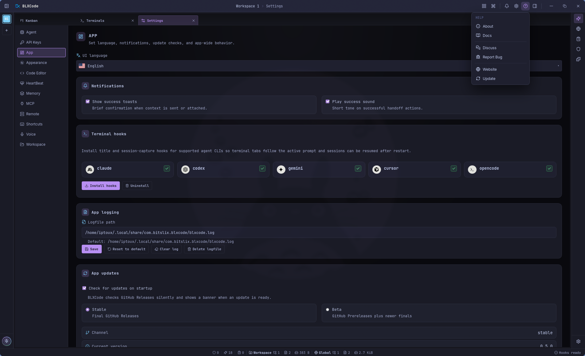 Settings App pane with UI language, notifications, installed terminal hooks, logging, update channels, and Help menu