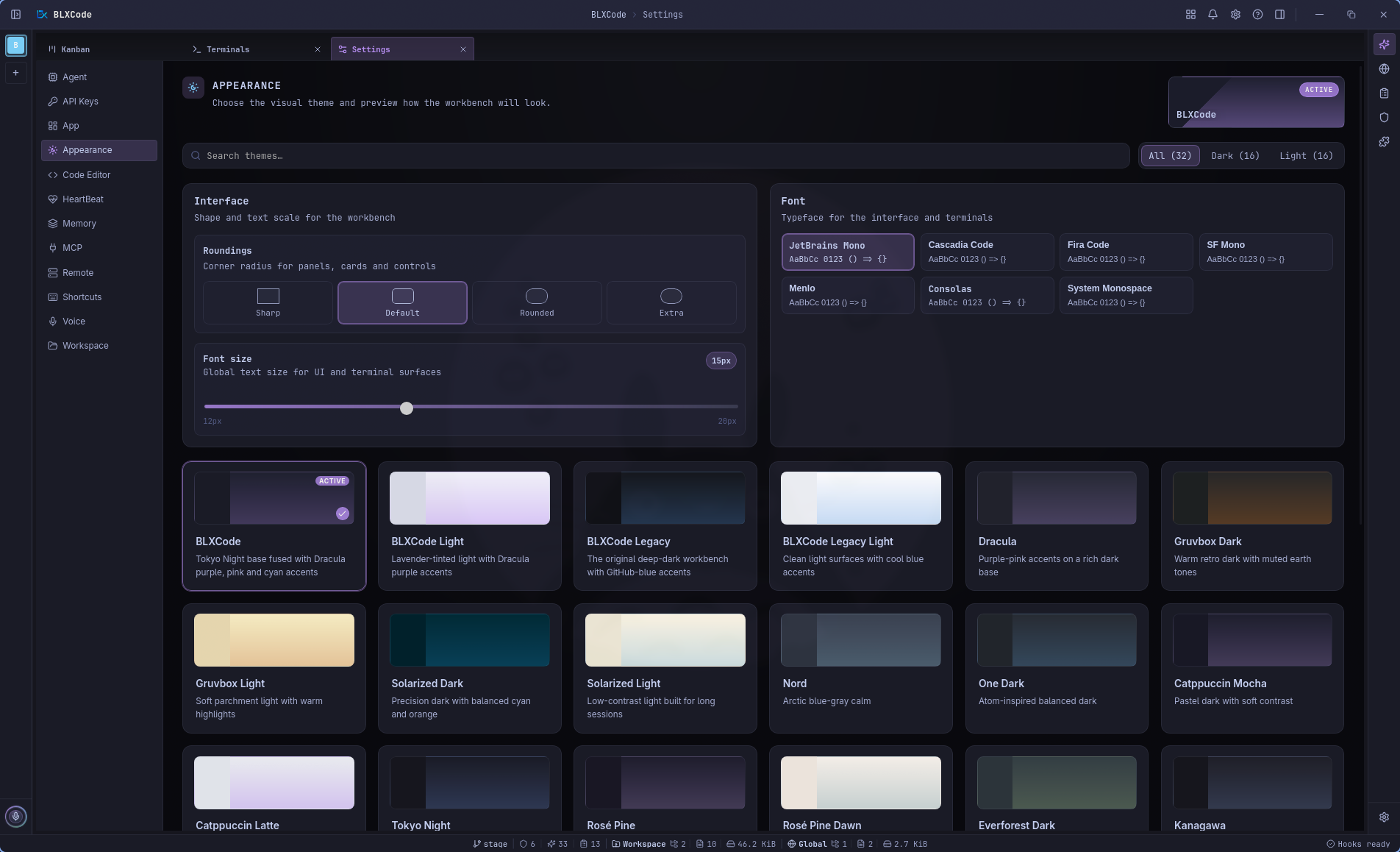 Appearance settings with roundings, font size, font picker, active theme preview, and theme-card grid