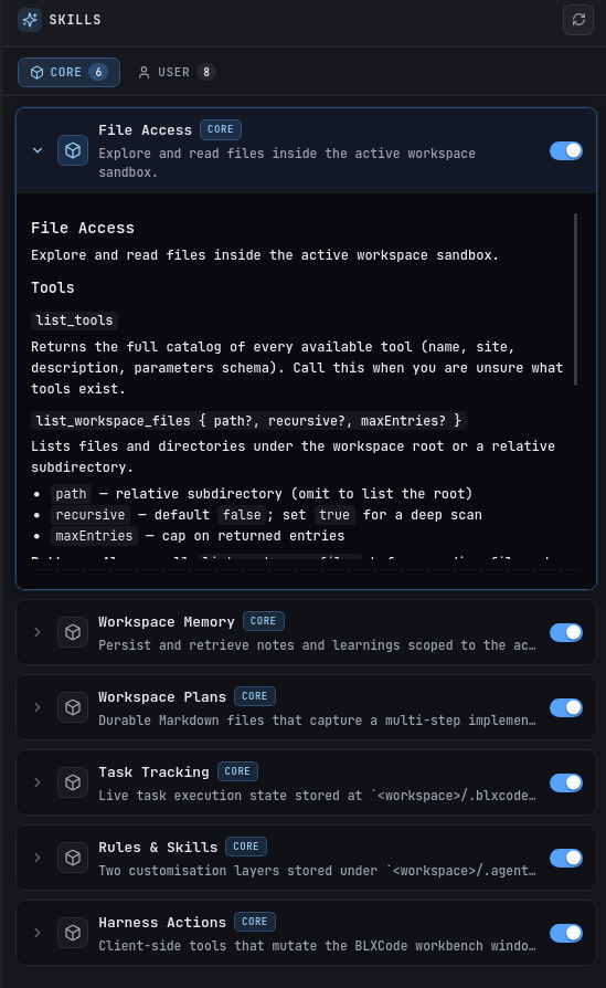 BLXCode Panel umiejętności z zakładkami Core i User oraz rozwijanymi kartami umiejętności