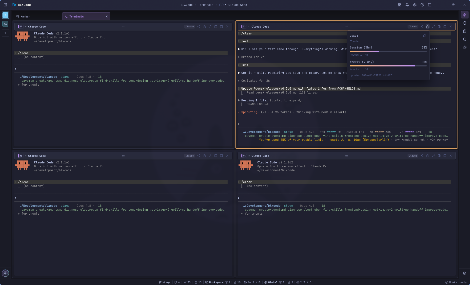 Four-terminal Claude Code workspace showing resumed sessions, focused terminal outline, usage popover, and usage percentages in the bottom status line