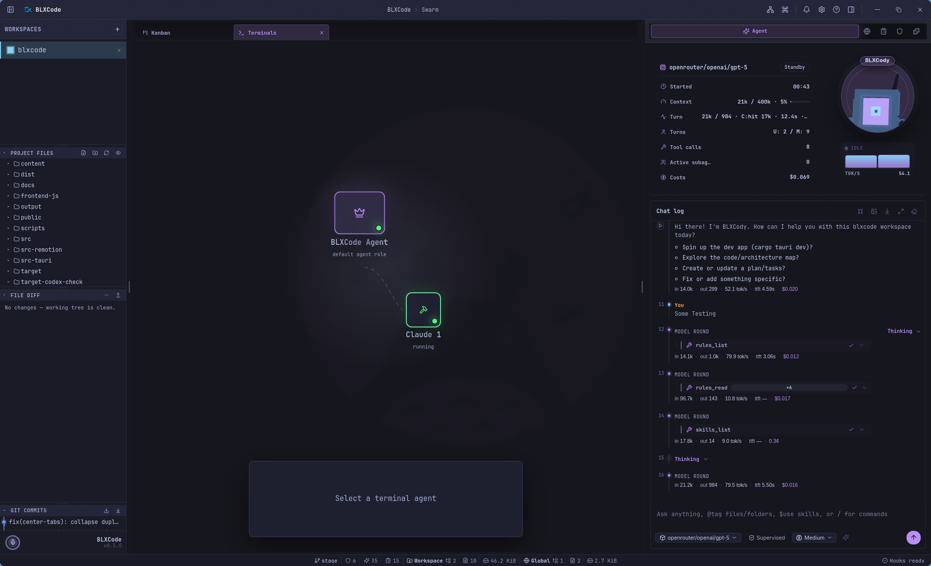 Workspace Swarm mode showing the BLXCode Agent node connected to a running Claude terminal agent node